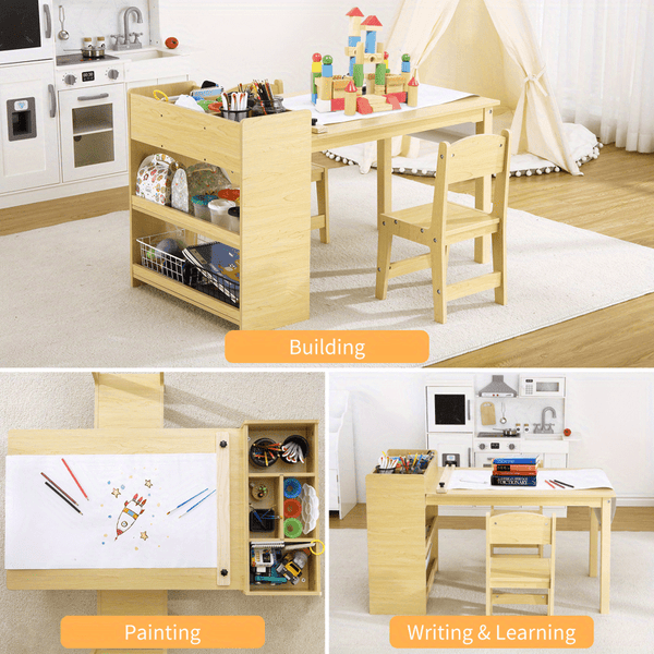 Kids Art Table With 2 Chairs, Toddler Craft Play Wood Activity Desk With Large Storage Shelves, Wood Activity Desk for Writing Drawing Suitable for Nursery & Classroom