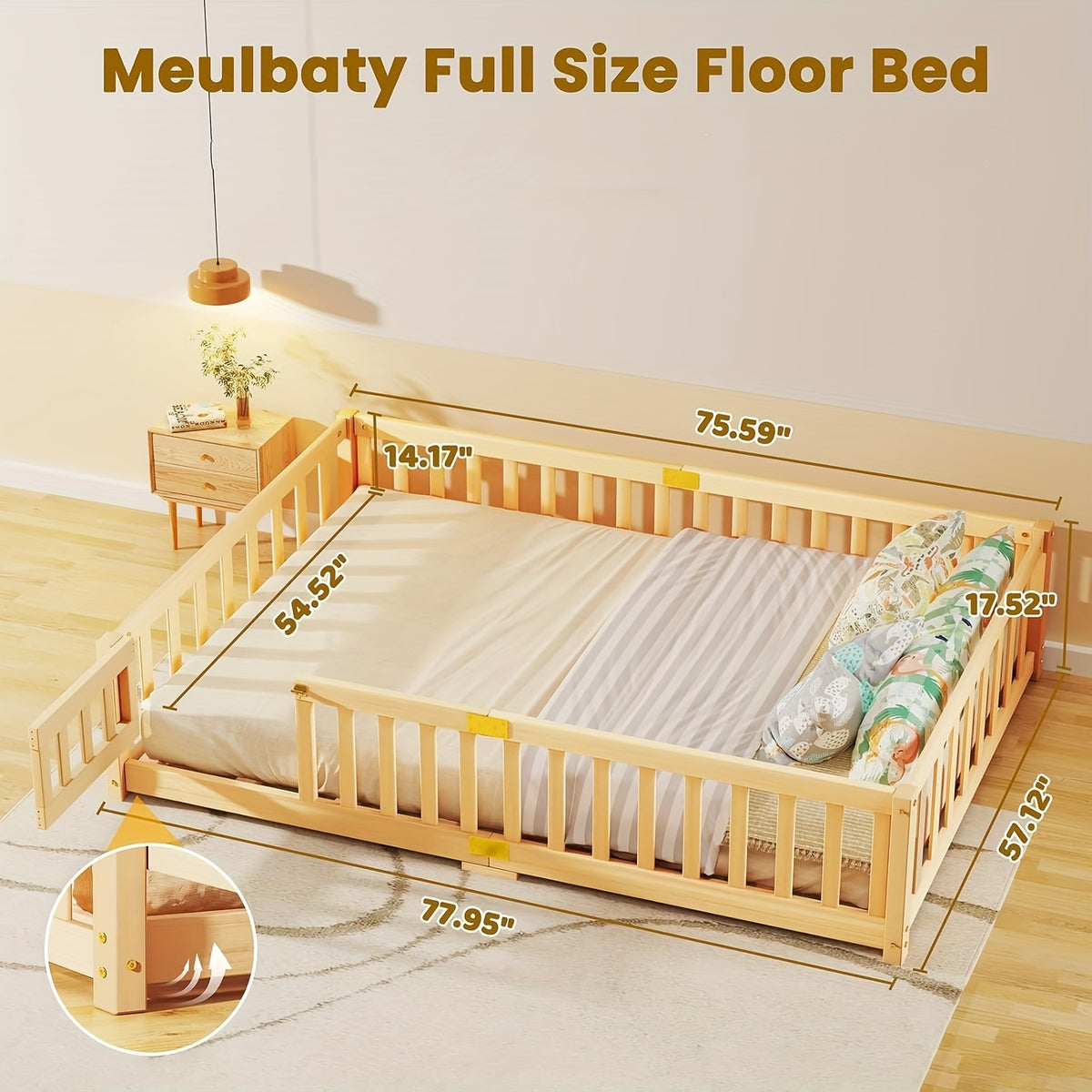 MOPHOTO Montessori Toddler Floor Bed With Safety Rails & Lockable Door - Full Size Kids Bed Frame For 1-3 Years Old, Natural Wood Child Bed For Safe Sleep & Independence Without Mattress
