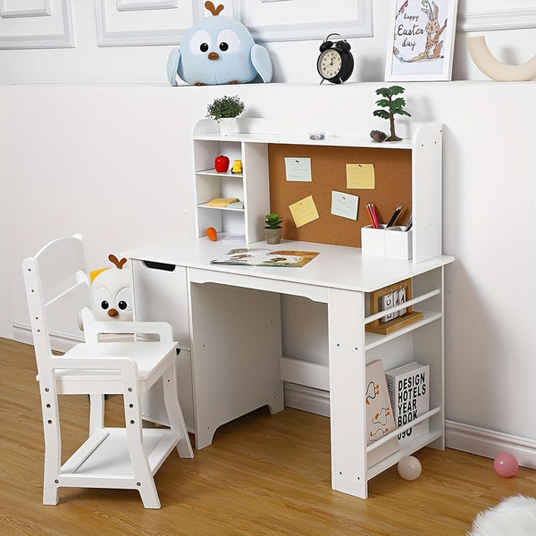 Kids Study Desk With Chair, Kids Desk And Chair Set For 3-8 Years Old, Wooden Study Desk With Open Shelf & Storage Cabinet, Student Computer Workstation & Writing Table For Home School Use