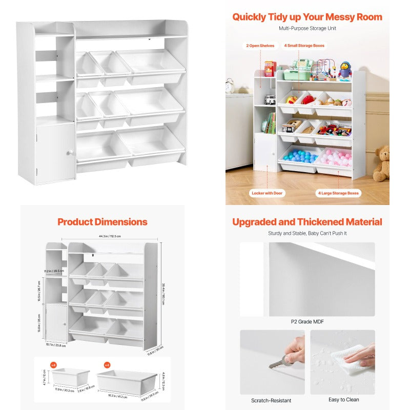 Quality Assurance Toy Storage and Bookshelf 4Tier Toy Storage Organizer with 8 Flexible Plastic Bins Cubby Cabinet with Bookshelf for Study Room Bedroom Playroom Classroom Nursery White Currently on sale