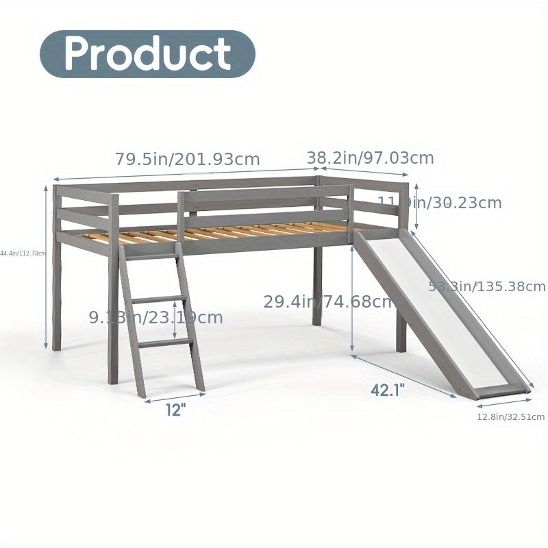Twin Loft Bed With Slide And Ladder, Solid Pine Wood Bed Frame With Storage Space, Low Height Design, Interchangeable Ladder & Slide, Safety Guardrails