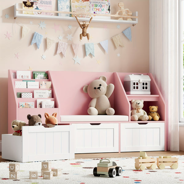 55.1'' White Bookshelf, Bookshelf With Reading Corner, Storage Cabinet With Seat Cushion And 3 Movable Drawers, Storage Bins And Storage Cabinet With Bench For Playroom, Living Room