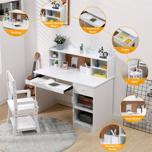 Kids Desk And Chair Set, Wooden Study Table with Storage Shelf, Bulletin Board, Keyboard Stand And Pen Holder