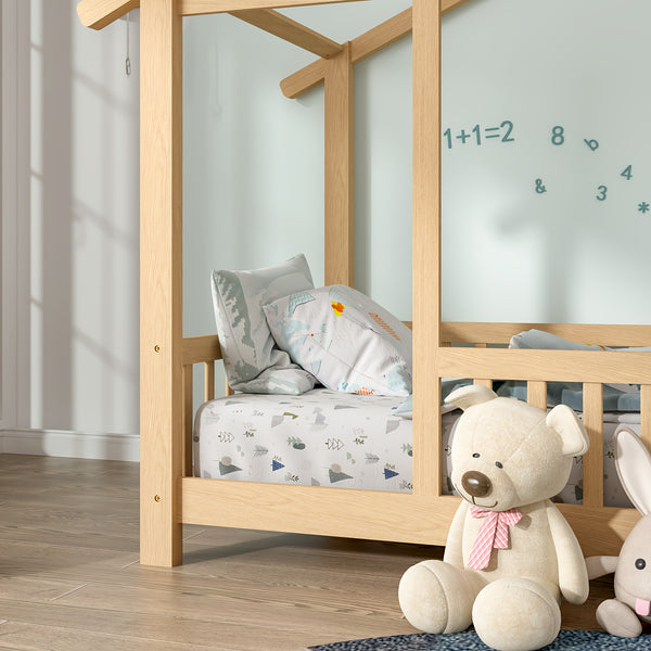 SOGES Wood Montessori House Bed Frame – Low Floor Bed With Fence & Guardrails, Bed Frame With House Roof Canopy, Decoratable Playhouse Bed, No Box Spring Needed