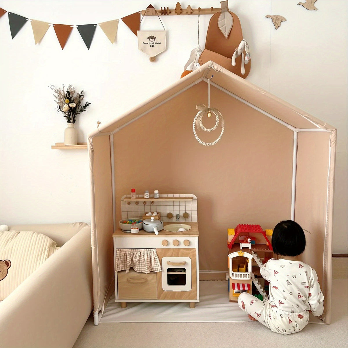 Portable Play Tent Bed with Detachable Canopy & Cushioned - Soft White Bed &, Indoor\u002FOutdoor Use, Sponge Guardrails - Bed Frame, Playhouse & Room