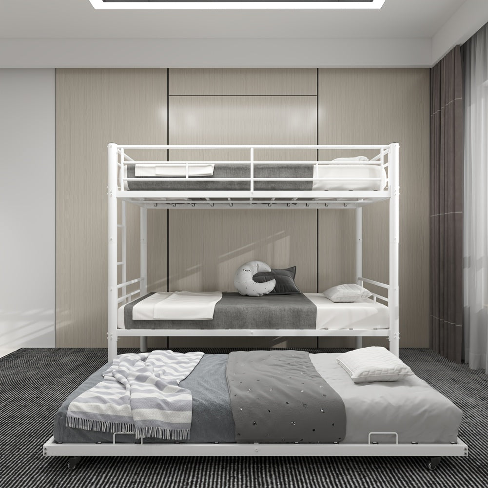 Twin Over Twin Bunk Bed With Trundle, Metal Bunkbeds With Ladder And Full-Length Guardrail, Noise Free, No Box Spring Needed