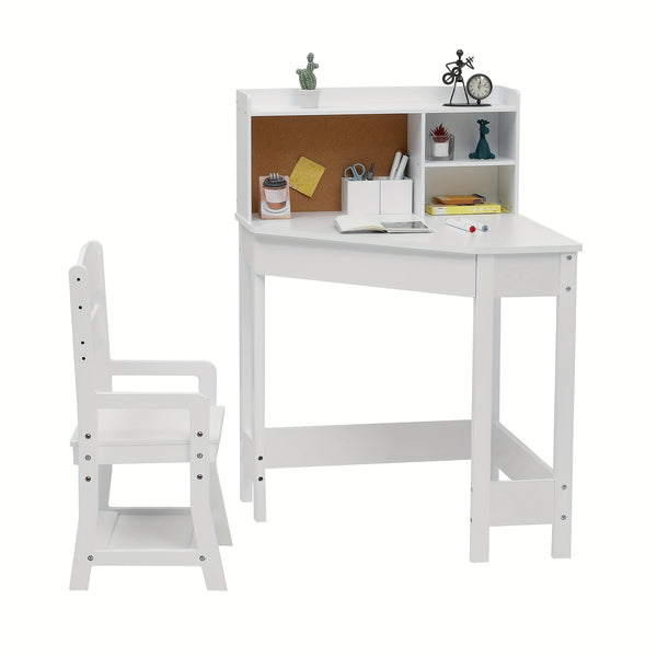 Kids Desk And Chair Set, Wooden Corner Study Table With Bookshelf, Bulletin Board, And Pen Holder, Writing Table