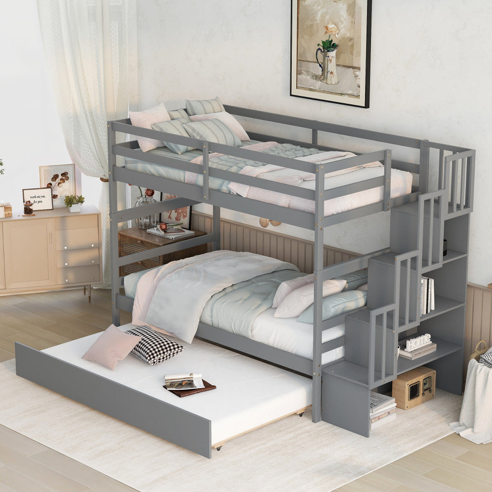 RIDFY Twin over Twin Bunk Bed with Twin Trundle & Stairway Storage - Space-Saving Hardwood Frame, Retro Style, Easy Assembly, Grey - Ideal for Youngsters' Rooms, Guest Bedrooms, Dorms