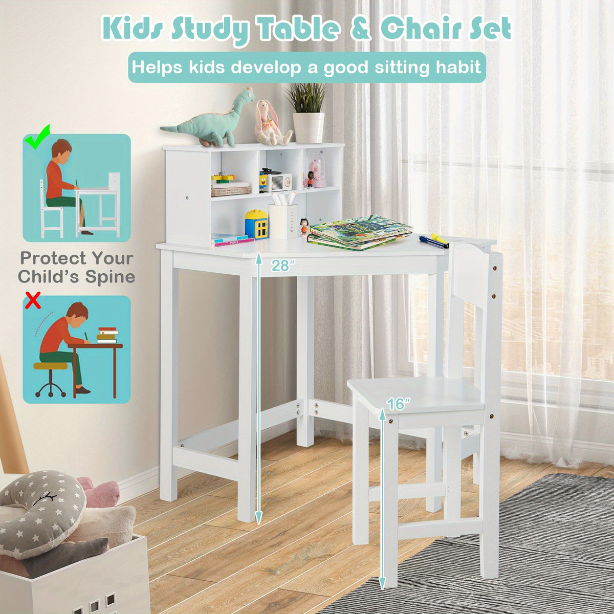 GOPLUS Study Desk And Chair Set, a Table Designed for Kids with a Chair, Hutch, And Storage, Perfect for Saving Space, Made with Sturdy Pine Wood Legs, Suitable for Children Aged 3 And Above.