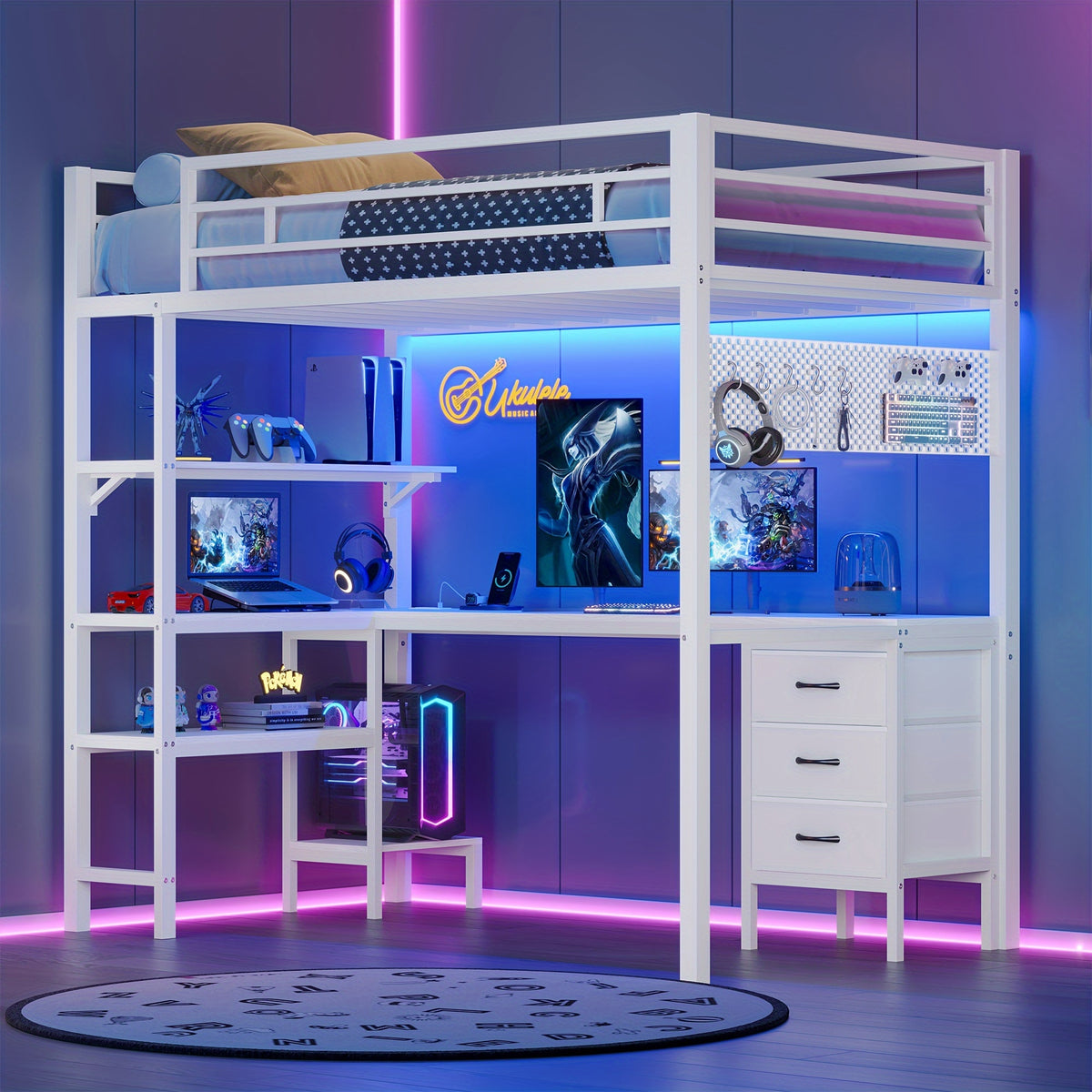 Loft Bed with L-Shaped Desk, Twin Size Bed with LED Lights and Charging Station, Twin Metal Loft Bed Frame with Drawers and Shelve, 13.4\