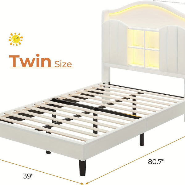 Upholstered Princess Twin Bed with LED Lights & Power Outlts, Storage Headboard Platform Bed