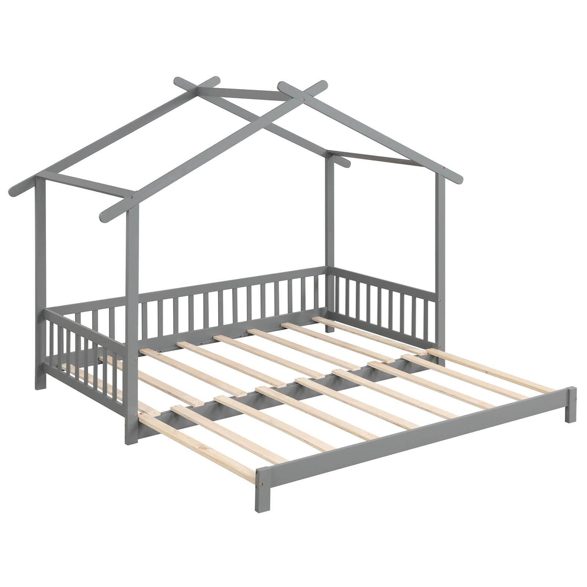 Versatile Extendable Youngsters' House Bed - Twin to King Size, with Roof & Safety Rails, Sturdy Wooden Frame for Teens, Boys & Girls - Easy-Access Low Profile Design, No Box Spring Needed - Available in Gray, Natural, White