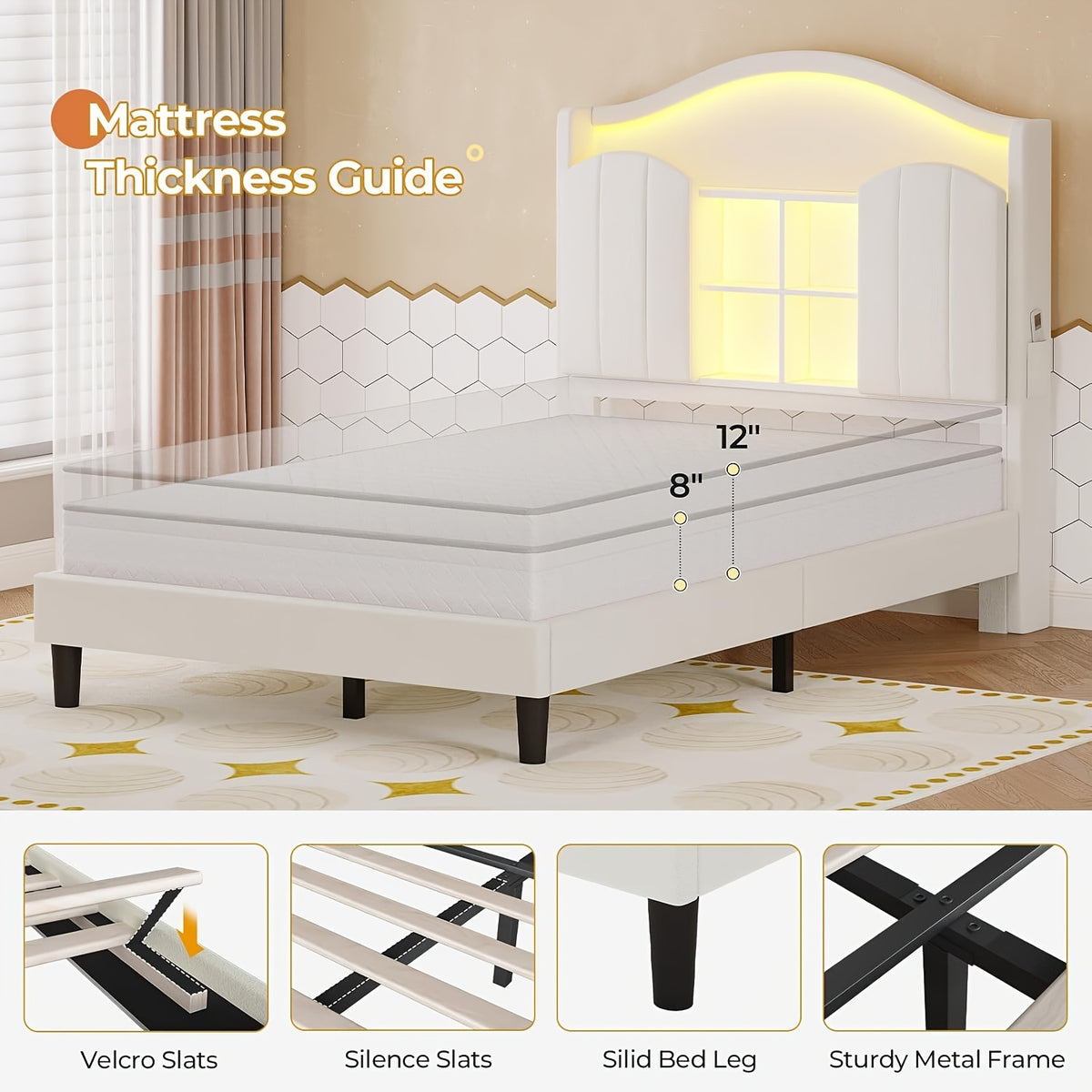 Upholstered Princess Twin Bed with LED Lights & Power Outlts, Storage Headboard Platform Bed