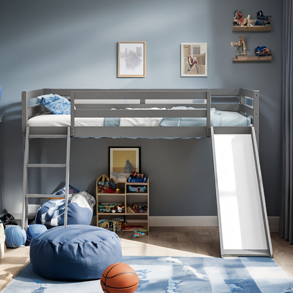 Modern Twin Size Loft Bed with Slide & Stairs, Solid Pine Wood, Space-Saving Design, Safety Guardrails, Anti-Slip Steps, Easy Assembly, Gray Finish for Youngsters' Room or Playroom, Youngsters' Room Furniture | Modern Aesthetic | Natural Finish Bed