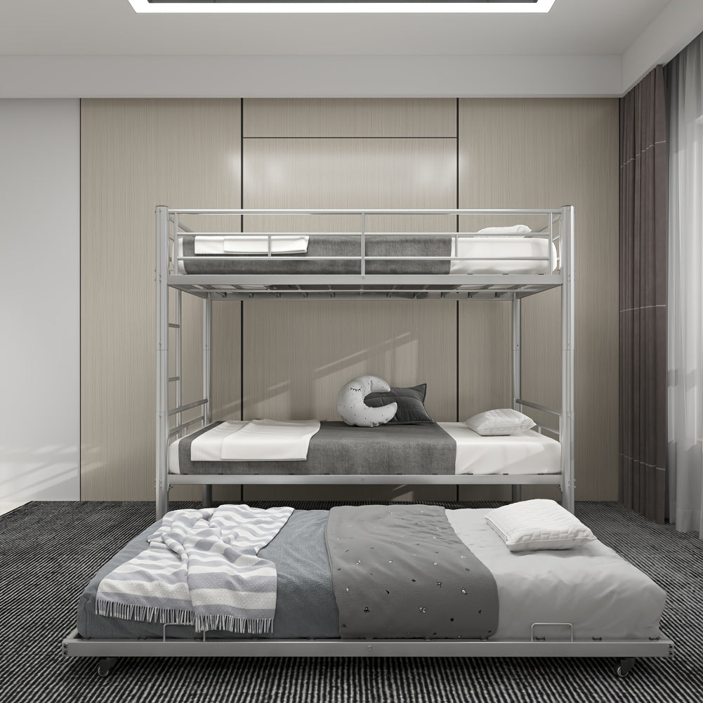 Twin Over Twin Bunk Bed With Trundle, Metal Bunkbeds With Ladder And Full-Length Guardrail, Noise Free, No Box Spring Needed