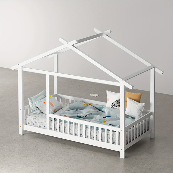 SOGES Wood Montessori House Bed Frame – Low Floor Bed With Fence & Guardrails, Bed Frame With House Roof Canopy, Decoratable Playhouse Bed, No Box Spring Needed