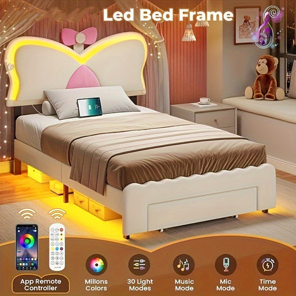 Twin Size Bed Frame With Storage Drawer LED Velvet Bed Frame Cute Girl Princess Twin Bed Butterfly Headboard Design No Box Spring Needed White