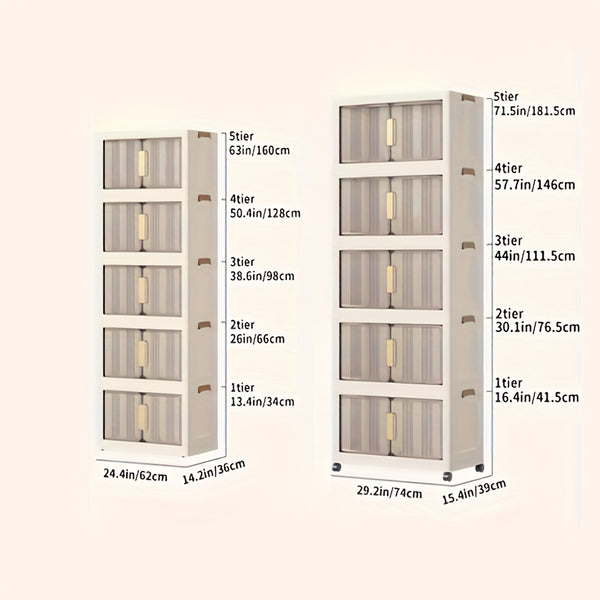 Stackable Storage Cabinet 5-Tier Stackable Plastic Storage Cabinet System - Large Capacity Organizer Bins with Doors & Wheels, Foldable Space-Saving Storage Solution for Home Organization, Easy Assembly for Bedroom, Living Room, Kitchen