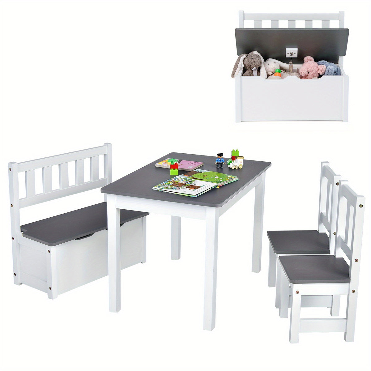GIANTEX 4pcs Kids Wooden Activity Table & Chairs Set w\u002FStorage Bench Study Desk Natural
