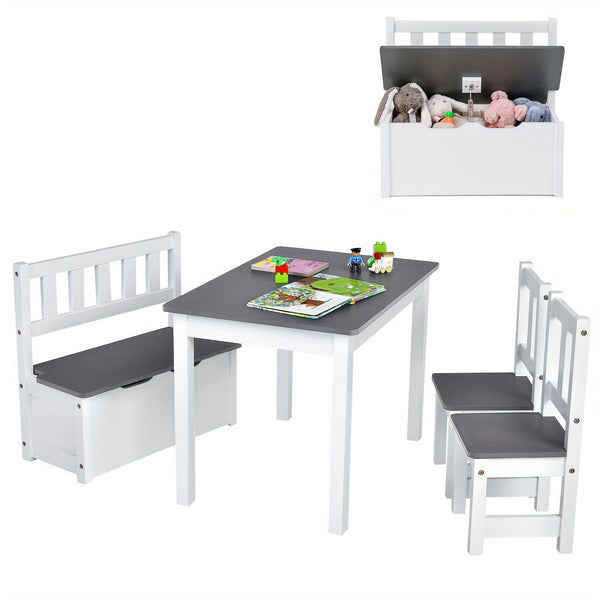 GIANTEX 4pcs Kids Wooden Activity Table & Chairs Set w\u002FStorage Bench Study Desk Natural