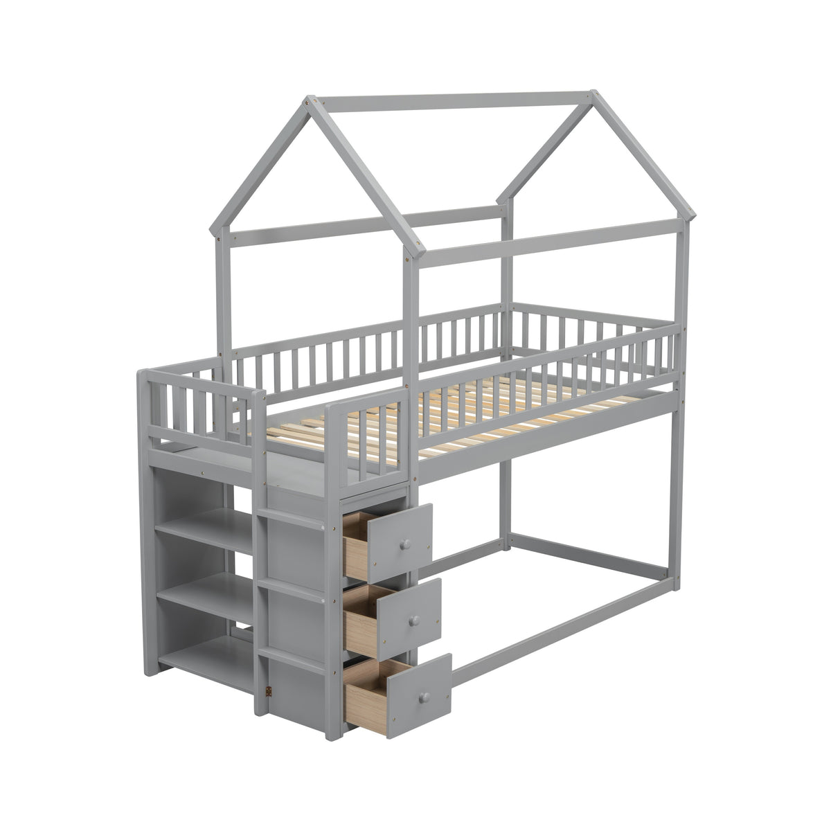 HOUSE BUNK BED WITH SHELVES AND DRAWERS FOR GREY COLOR