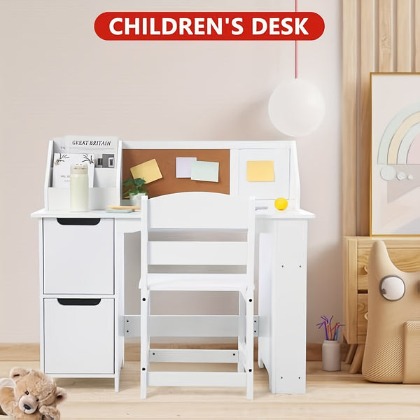 GAOMON Study Desk And Chair Set, Wooden School Learning Table With Storage, Hutch And Bulletin Board, Children Computer Desk With Chair, Small Toddler Desk For Home, School, White