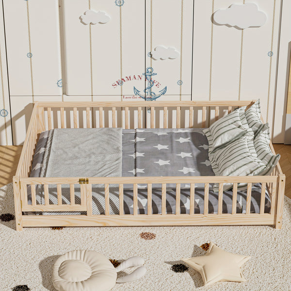 Kids' Double\u002FFull\u002FQueen Bed Frame, Solid Wood with Reinforced Horizontal Bars, High-Safety Safety Rail and Fun Small Door Design, Durable Bed Suitable for Girls and Boys, Helps Develop Independence, Easy to Assemble