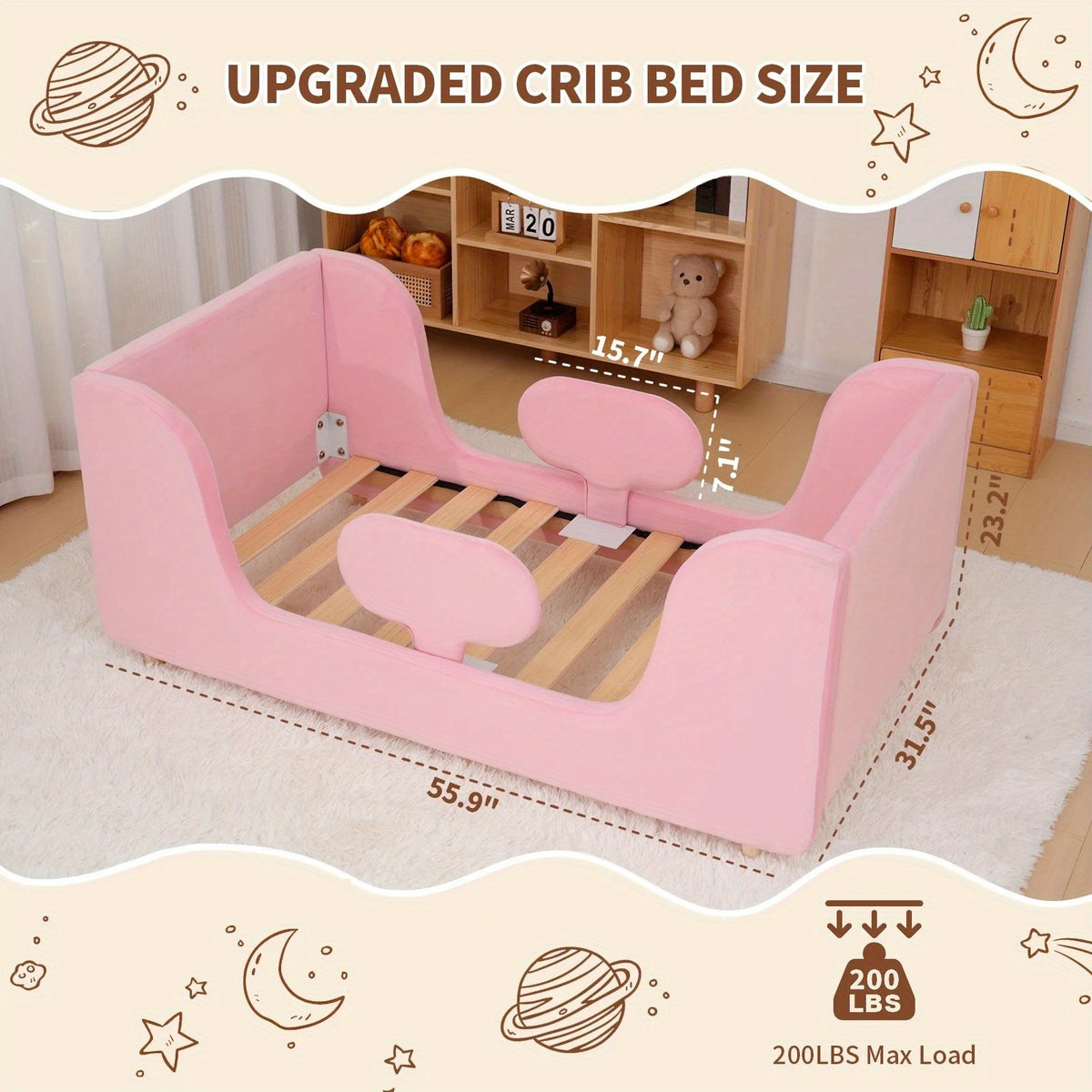 LILYPELLE Toddler Velvet Floor Bed, Child Bed For Kids With Extra Broad, Crib Size Toddler Bed, Velvet Bed Frame, Mat Is Not Included