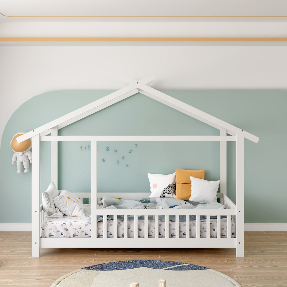SOGES Wood Montessori House Bed Frame – Low Floor Bed With Fence & Guardrails, Bed Frame With House Roof Canopy, Decoratable Playhouse Bed, No Box Spring Needed