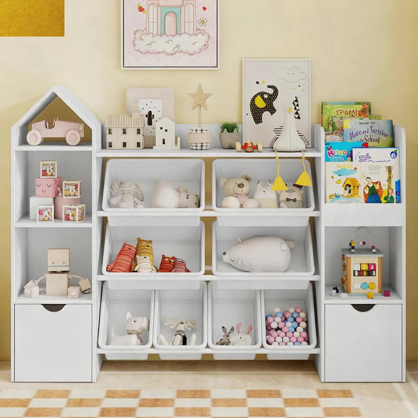 8-Bin Storage Organizer 8 Removable Bins, 4-Tier Shelf with 4 Cubbies Multifunctional Storage Organizer | Bookshelf and 2 Storage Boxes on Wheels, for Living Room, Office, Entryway, White