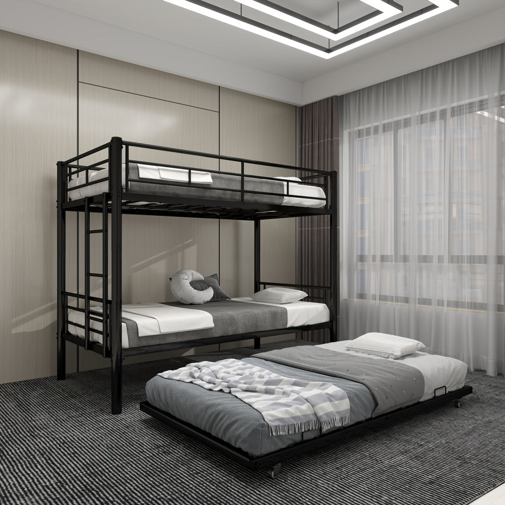 Twin Over Twin Bunk Bed With Trundle, Metal Bunkbeds With Ladder And Full-Length Guardrail, Noise Free, No Box Spring Needed