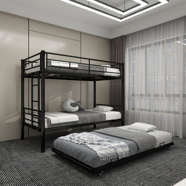 Twin Over Twin Bunk Bed With Trundle, Metal Bunkbeds With Ladder And Full-Length Guardrail, Noise Free, No Box Spring Needed