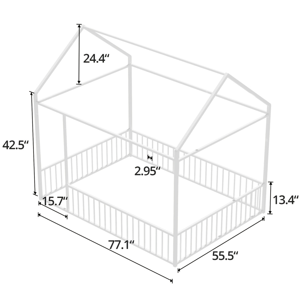 Twin\u002FFull Size Metal Floor Bed, Floor Bed Frame With Safety Fence For Bedroom, Can Be Decorated, No Box Spring Needed, Black And White