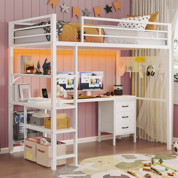 Loft Bed with L-Shaped Desk, Twin Size Bed with LED Lights and Charging Station, Twin Metal Loft Bed Frame with Drawers and Shelve, 13.4\