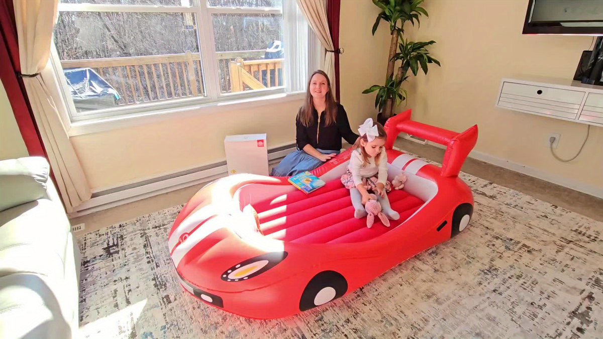 Inflatable Kids Bed with Sides - Race Car Design Portable Travel Bed with Hand Pump, Durable Plastic Construction & Safety Rails, Indoor\u002FOutdoor Air Mattress for Camping, Hotels, Home Use - No Assembly Required, Lightweight & Easy Setup