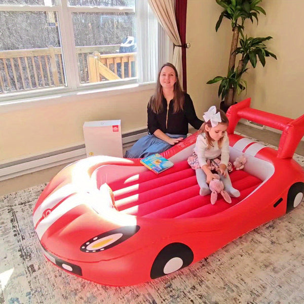 Inflatable Kids Bed with Sides - Race Car Design Portable Travel Bed with Hand Pump, Durable Plastic Construction & Safety Rails, Indoor\u002FOutdoor Air Mattress for Camping, Hotels, Home Use - No Assembly Required, Lightweight & Easy Setup