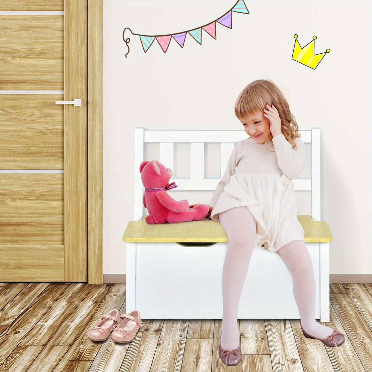 TANGKULA 4pcs Kids Wooden Activity Table & Chairs Set w\u002FStorage Bench Study Desk.