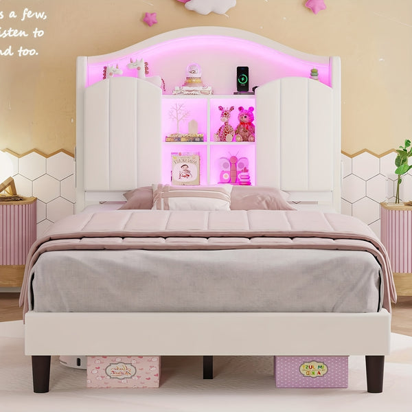 Upholstered Princess Twin Bed with LED Lights & Power Outlts, Storage Headboard Platform Bed