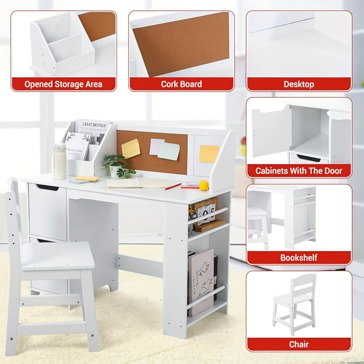 GAOMON Study Desk And Chair Set, Wooden School Learning Table With Storage, Hutch And Bulletin Board, Children Computer Desk With Chair, Small Toddler Desk For Home, School, White