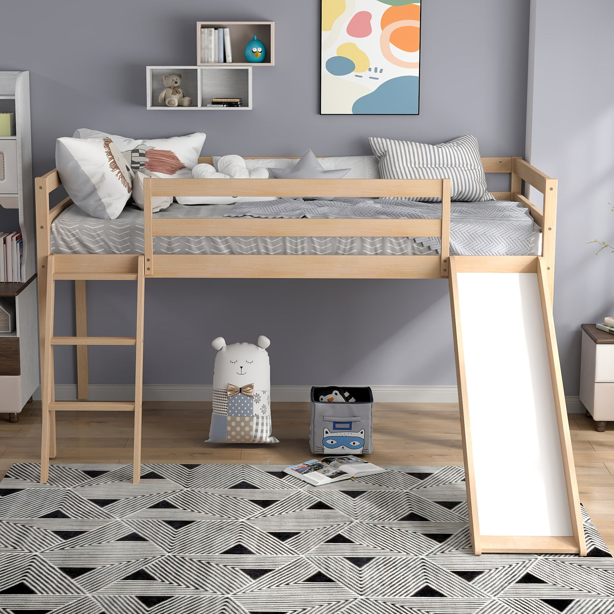 Modern Twin Size Loft Bed with Slide & Stairs, Solid Pine Wood, Space-Saving Design, Safety Guardrails, Anti-Slip Steps, Easy Assembly, Gray Finish for Youngsters' Room or Playroom, Youngsters' Room Furniture | Modern Aesthetic | Natural Finish Bed