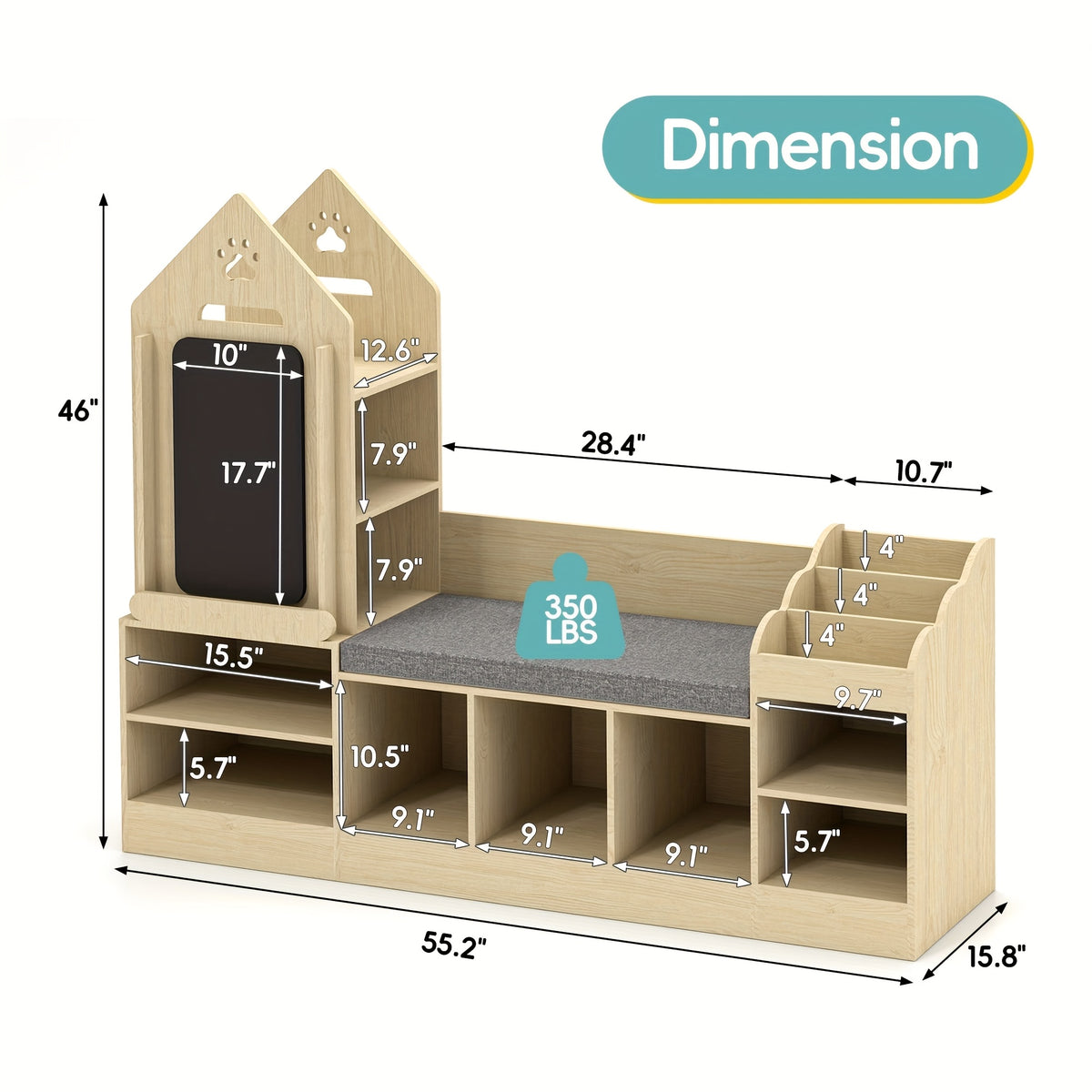 Kids Bookshelf With Cozy Reading Corner, Wooden Toy Organizer With Bench And Chalkboard, Toy Storage For Bedroom, Nursery, Or Playroom, Natural Oak Finish