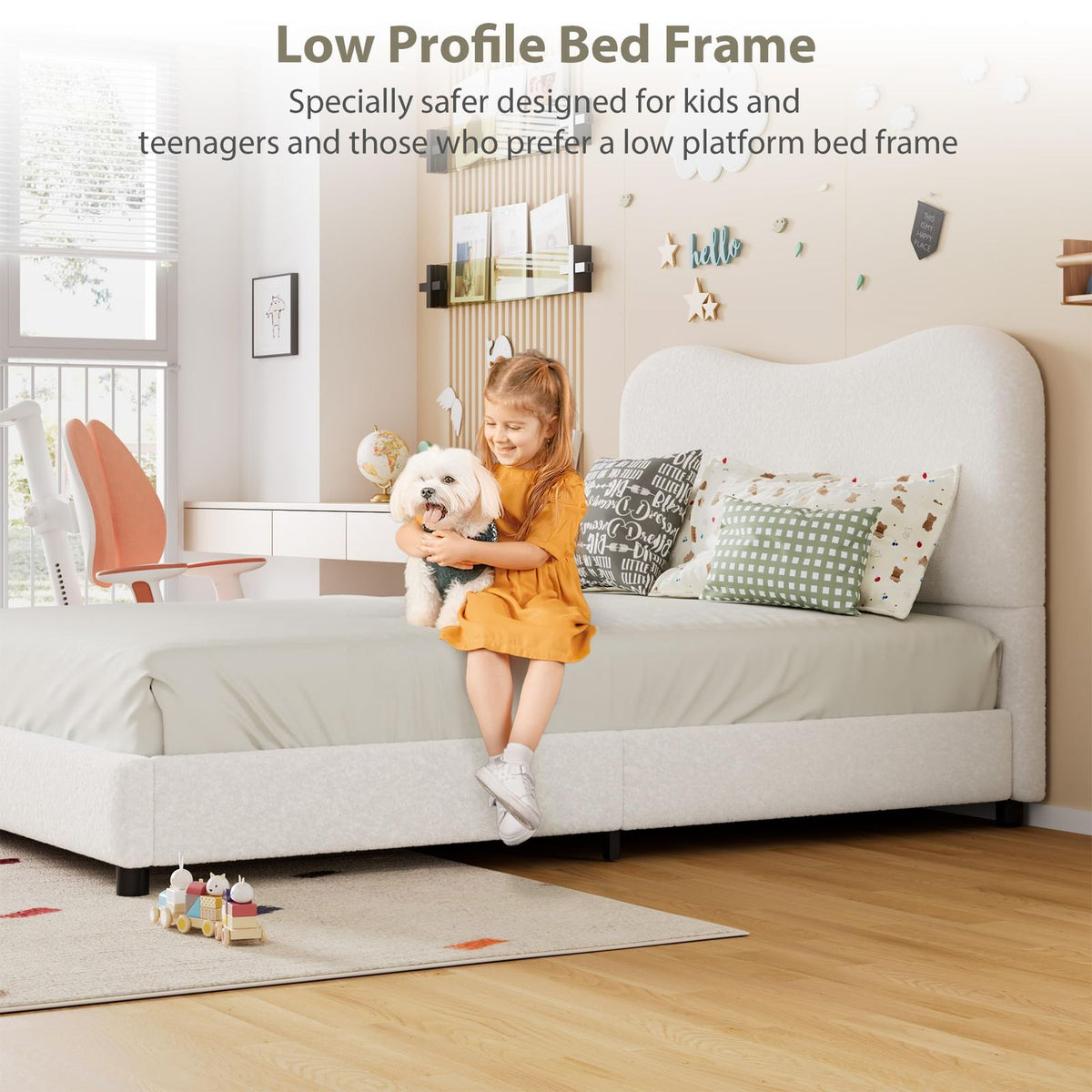 Full Size Bed Frame for Kids with Velvet Upholstered Headboard, Cute Low Profile Platform Bed for Girls and Boys, No Box Spring Needed, Strong Wooden Slats, Noise Free, Easy Assembly, White, Childrens Bed, Kids Bedroom Furniture, Contemporary Design
