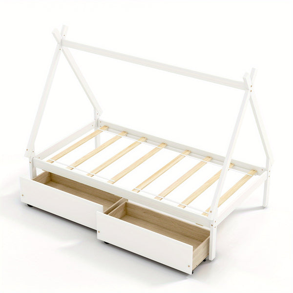 COSTWAY Kids House Bed with 2 Storage Drawers, Classic Style Wooden Tent Bed Frame, Sturdy Hardwood & Metal Construction, No Box Spring Required, with Roof for Boys & Girls, Age 12 & Under