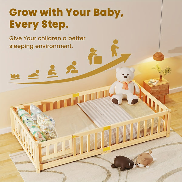 MOPHOTO Montessori Toddler Floor Bed With Safety Rails & Lockable Door - Full Size Kids Bed Frame For 1-3 Years Old, Natural Wood Child Bed For Safe Sleep & Independence Without Mattress