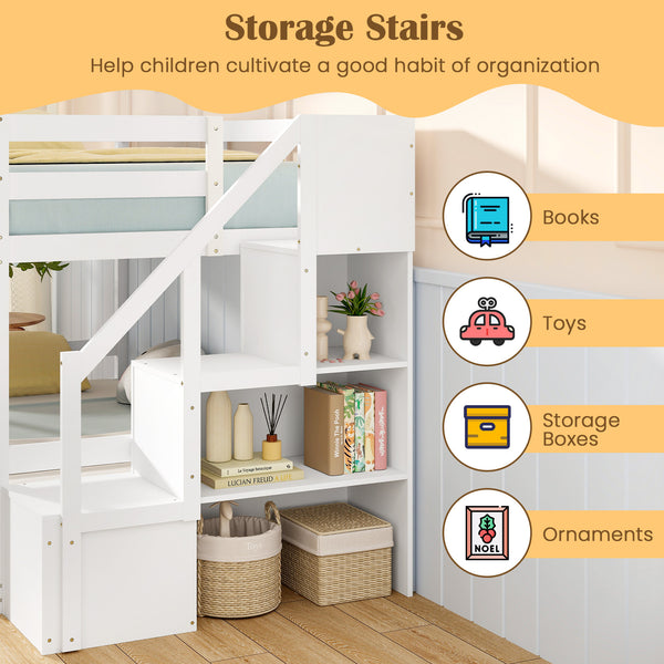 1pc COSTWAY Contemporary Twin Over Twin Low Bunk Bed with Storage Stairs - Solid Hardwood Frame with Particle Board, Full-length Guardrails, Slats Support for Kids, Teens, Adults - No Electricity Needed, White