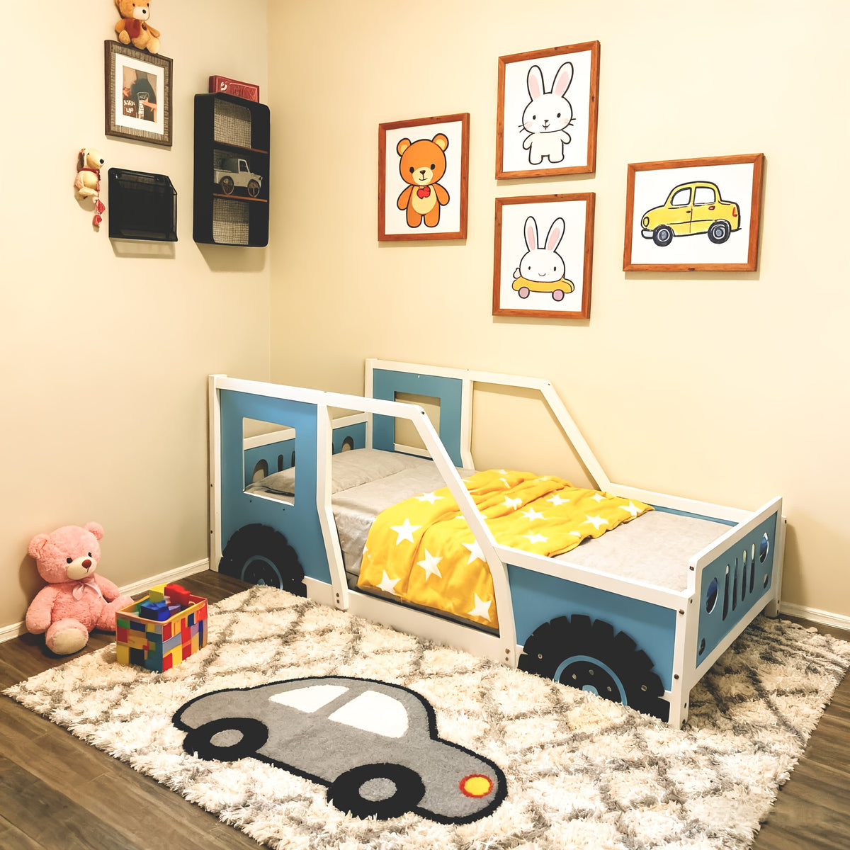 Bellemave Full Size Car Bed with Headboard & Footboard, 4-Side Rails - Sturdy Wood & MDF Construction, Blue Race Car Design Bed Frame with Safety Rails, Easy Assembly, No Box Spring Needed, Modern Bedroom Furniture & Teens (Ages 6+) - Durable Bed fo