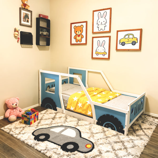 Bellemave Full Size Car Bed with Headboard & Footboard, 4-Side Rails - Sturdy Wood & MDF Construction, Blue Race Car Design Bed Frame with Safety Rails, Easy Assembly, No Box Spring Needed, Modern Bedroom Furniture & Teens (Ages 6+) - Durable Bed fo