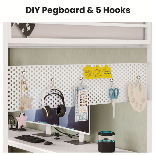 Loft Bed with L-Shaped Desk, Twin Size Bed with LED Lights and Charging Station, Twin Metal Loft Bed Frame with Drawers and Shelve, 13.4\