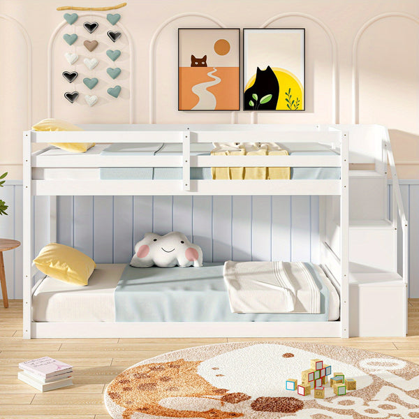 1pc COSTWAY Contemporary Twin Over Twin Low Bunk Bed with Storage Stairs - Solid Hardwood Frame with Particle Board, Full-length Guardrails, Slats Support for Kids, Teens, Adults - No Electricity Needed, White