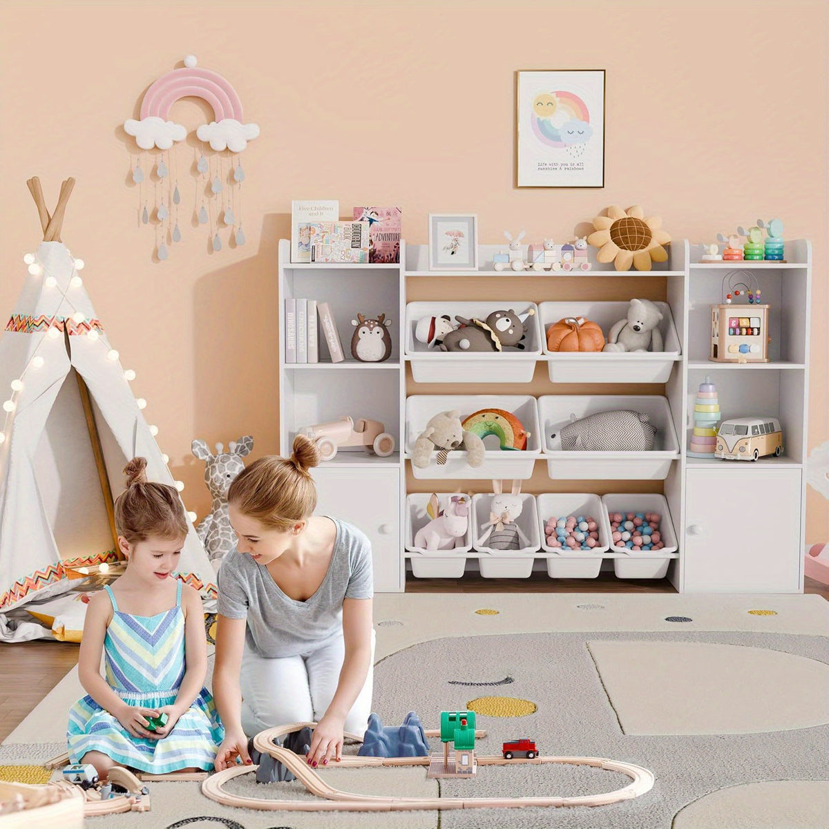 Kids Toy Storage Organizer W\u002F 8 Removable Toy Bins, 4-Tier Toy Organizers W\u002F 6 Storage Cubbies, Kids Bookshelf and Toy Storage for Playroom, Bedroom, Kids Room, Classroom